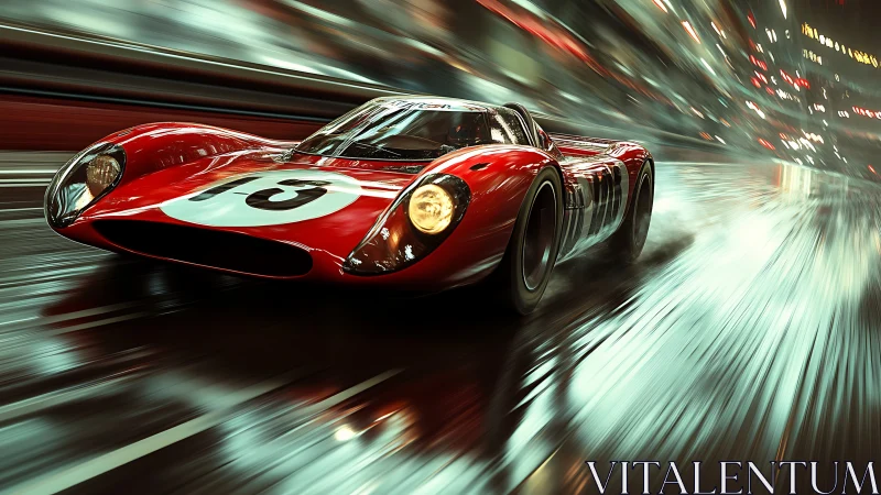 Red endurance race car on wet urban track at speed.