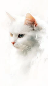 White Long-Haired Feline with Heterochromatic Eyes and Peach Tonal Ears.