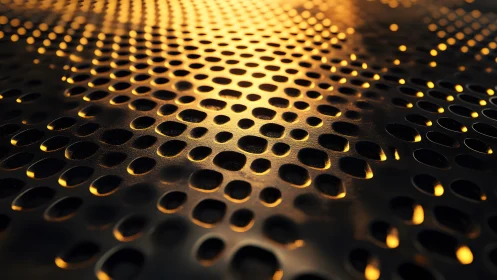 Abstract close-up of perforated metal surface with golden lighting.