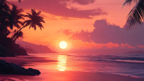 Tropical shoreline sunset renders saturated volumetric light gradients