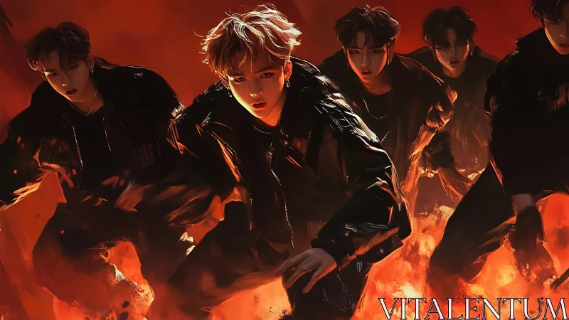 Flaming street crew charging forward in molten orange blaze.