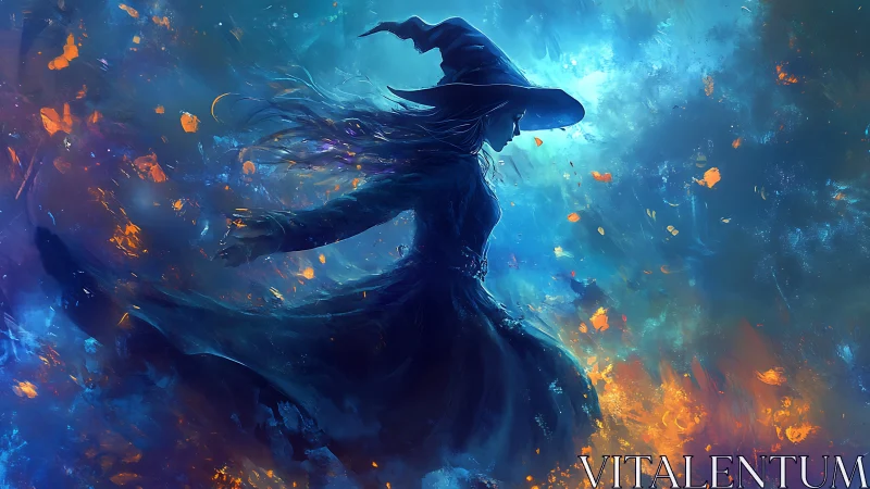Solitary witch silhouette amid blue and orange magic.