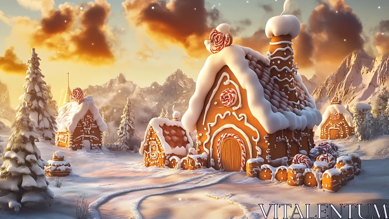 Sugared gingerbread village basking in storybook winterlight.