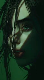 Moody green portrait bathed in dramatic shadowed light.