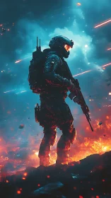 Armored sci fi soldier stands in blazing cosmic battlefield