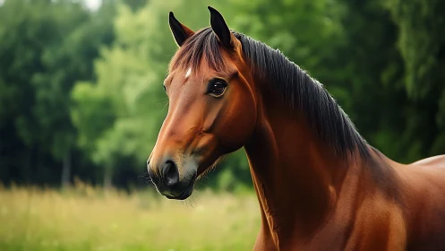 Bay horse portrait under soft forest summer light.