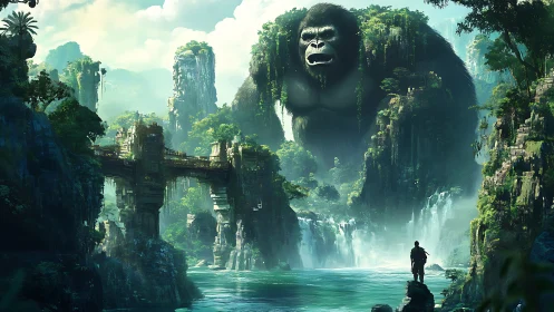 Colossal jungle gorilla looms above lost waterfall kingdom.