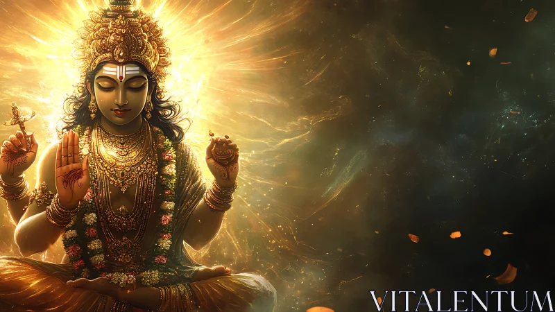 Seated multi-armed deity figure amid radiant golden field.