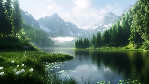 Whispering alpine lake cradled by soft-breathed mountains.