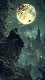 Hooded sentinel on cliff above necropolis under supermoon