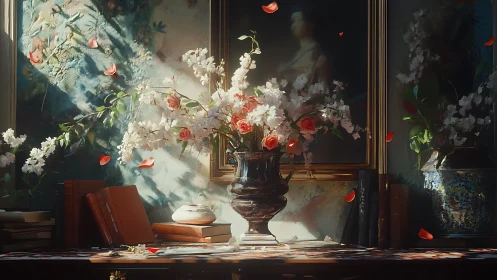 Baroque Floral Still Life with Classical Sculptural Elements and Dramatic Chiaroscuro Lighting