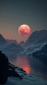 Crimson moon drifts low and stains a frozen fjord with fire