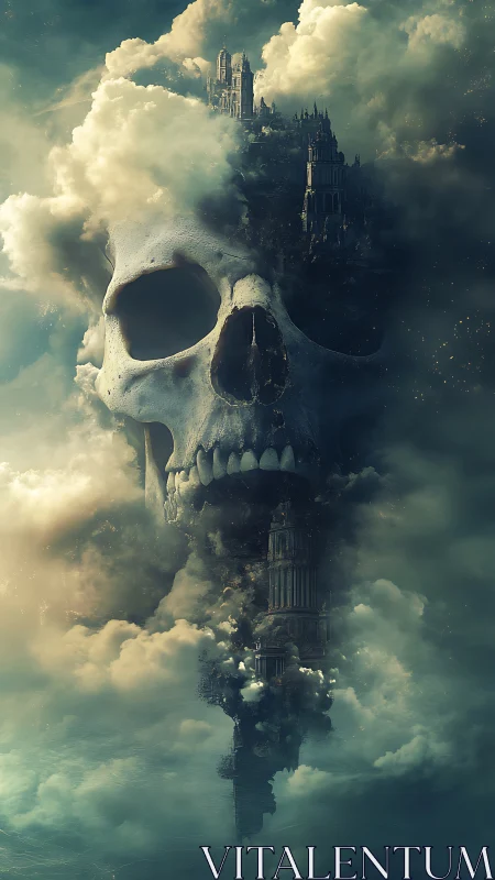 Vertical necropolis skull tower dissolves into drifting storm clouds