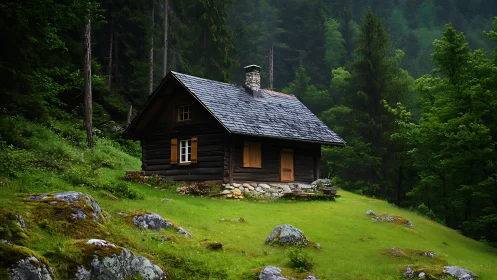 Forest cabin nestles in vibrant mossy hillside clearing.