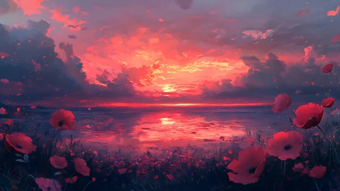 Poppy shore sunset glowing with soft, dreamlike color magic.