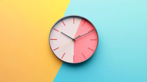 Minimal wall clock on split yellow and blue background.