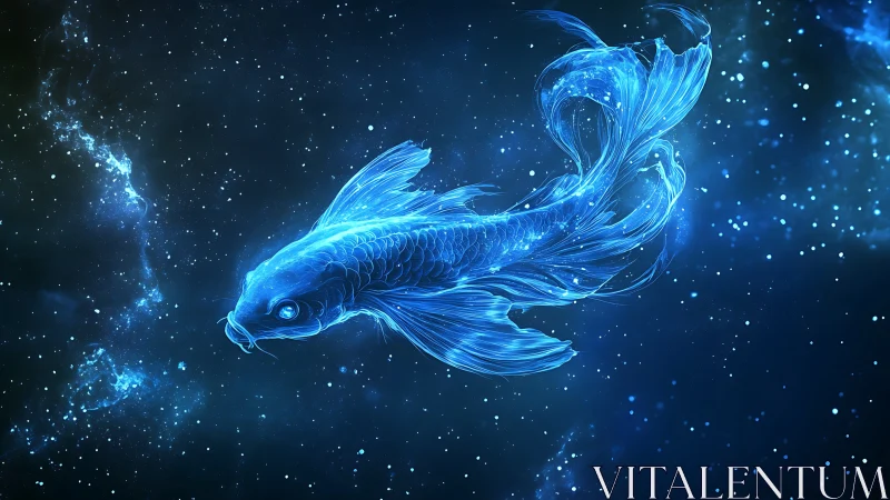 Luminescent blue koi fish rendered in a cosmic star field.