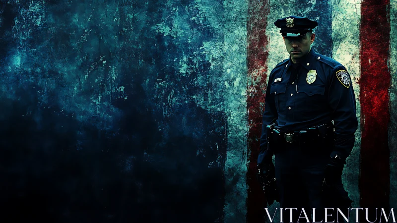Brooding city officer against worn urban flag backdrop.