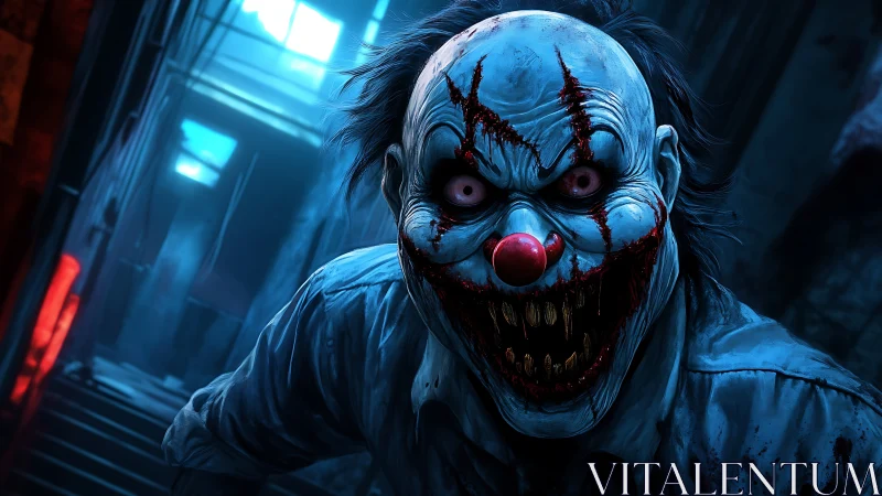 Grotesque clown lunging in neon lit derelict alleyway.