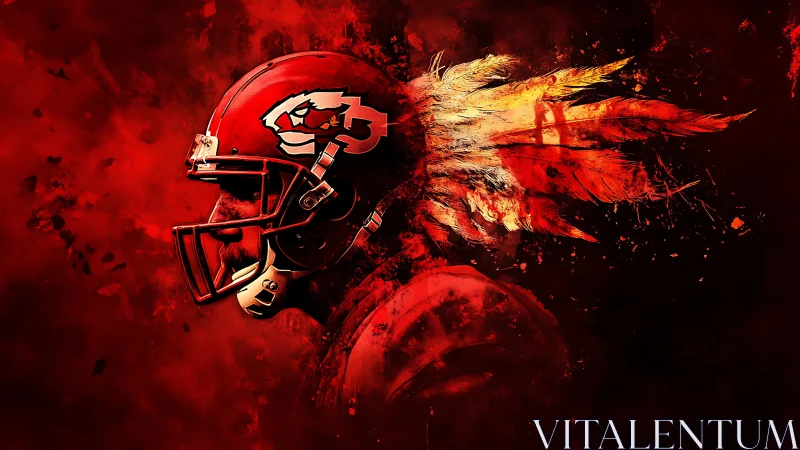 Red football helmet with stylized feather plume effect.