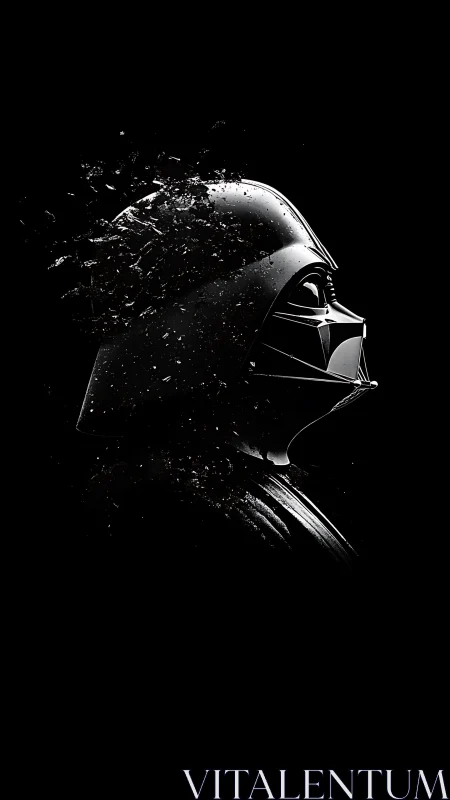 Disintegrating sci‑fi helmet rendered with high‑contrast particle decay