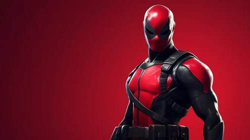 Red and black masked figure stands against uniform red background