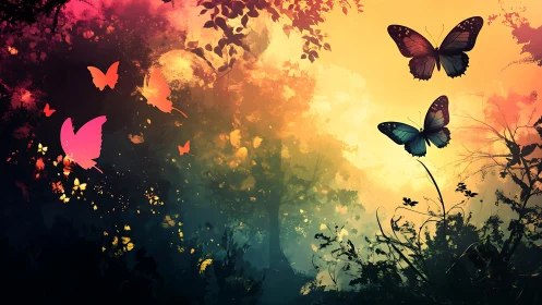 Butterflies in multicolored forest gradient at sunset.