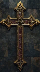 Baroque cruciform relic leans quietly into the dim stone hush