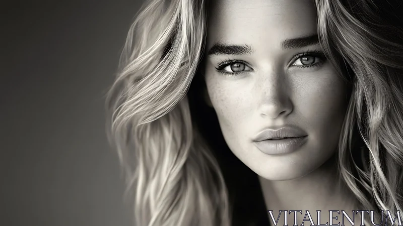 Soft gaze rests in a gentle black and white portrait