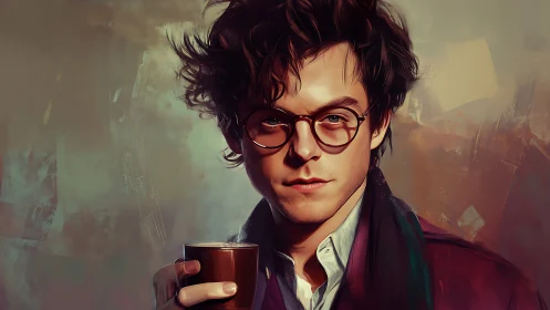 Introspective young man holds coffee in painterly portrait.