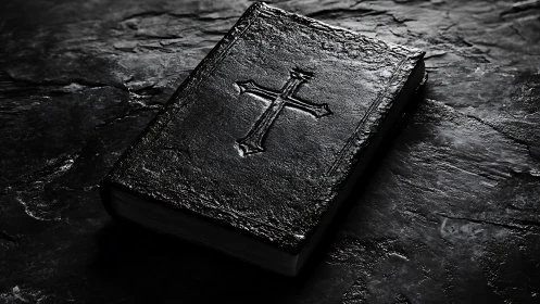 Black leather Bible with embossed cross on stone surface.