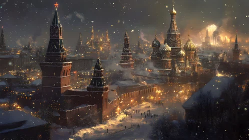 Digital painting of winter Kremlin skyline with ember-lit snowfall.
