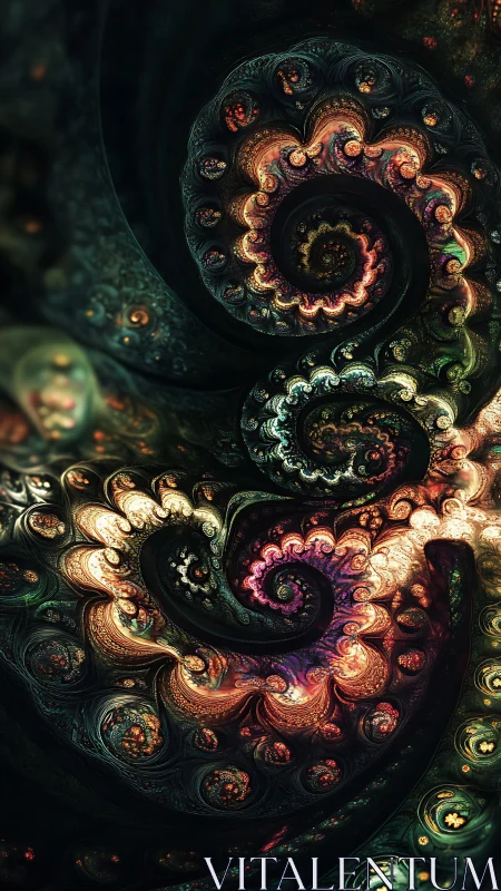 Spiraling bioluminescent fractal shells curve into shadow