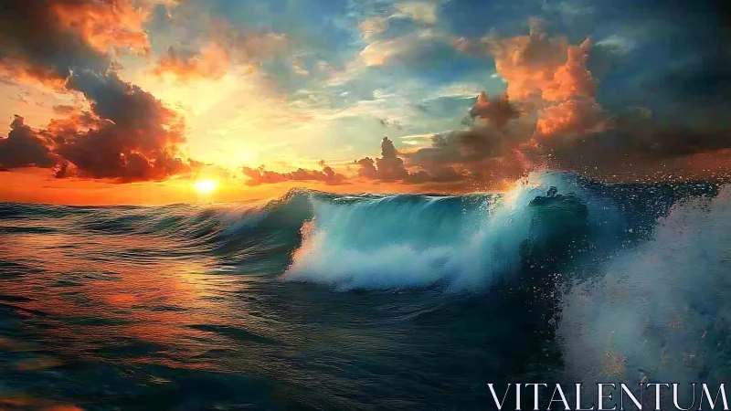 Sunset light strikes breaking ocean wave under dense clouds