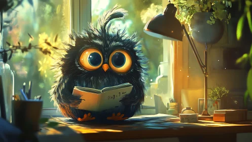 Fluffy big-eyed owl studies math under warm desk lamp lighting