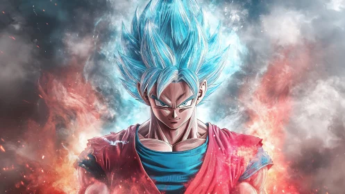 Blue-haired warrior channels explosive elemental power.