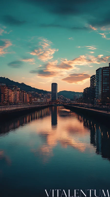 Twilight river mirror slicing through a city of quiet fire.