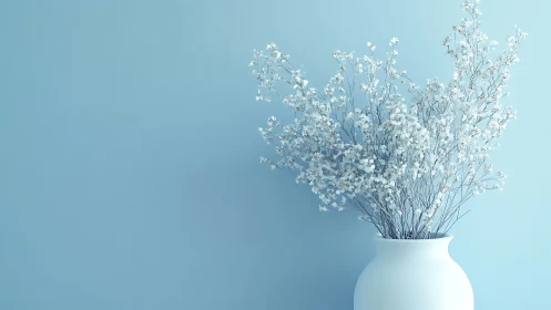 White dried flowers in ceramic vessel against pale blue backdrop.