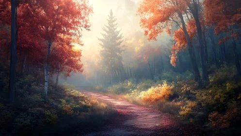 Autumn Forest Road Through Golden Mist.