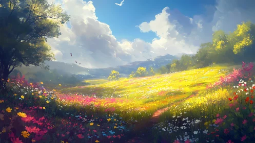 Luminous wildflower meadow under volumetric cloudlit sky.