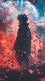 Storm-lit anime warrior stands calm amid drifting embers