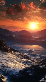 Crimson sun ignites snowcapped alien mountain valley horizon.