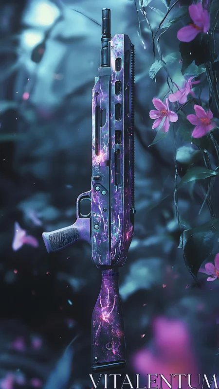 Cosmic-pattern rifle floats amid neon forest blossoms.