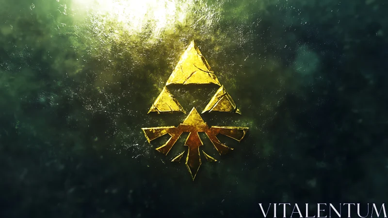 Golden triangular crest glows within dark ethereal mist.