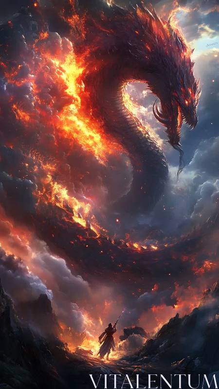 Lone hero confronts a blazing celestial dragon in stormy skies.