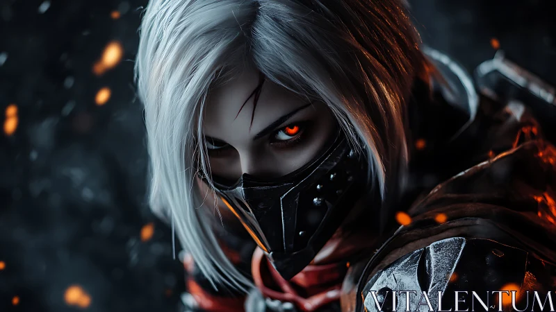 Cyberpunk assassin close-up with glowing eyes and armor plating.