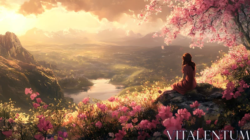 Solitary girl contemplates a golden valley in spring light