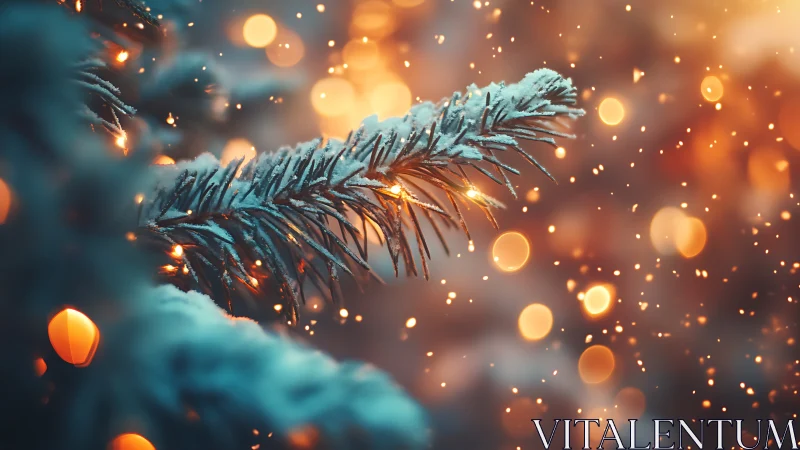 Snow-dusted fir branch illuminated by warm defocused bokeh lights