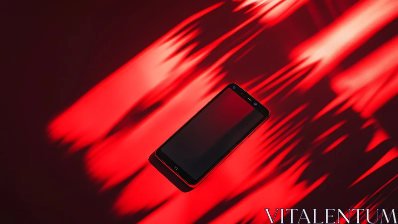 Mobile device positioned on red striped background surface.