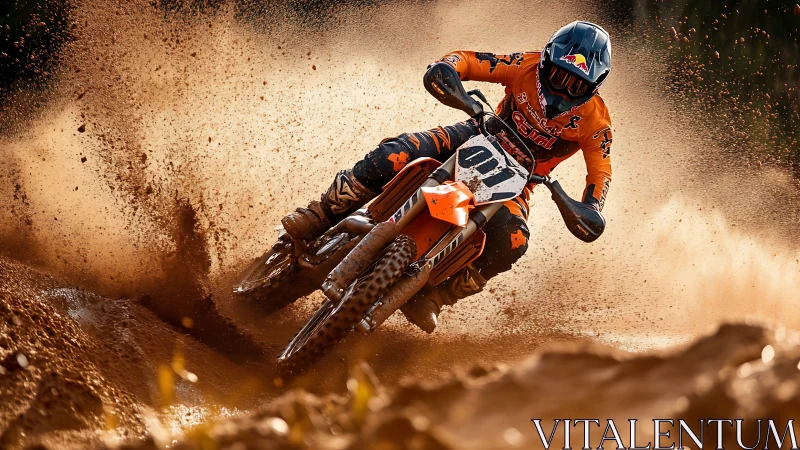 Motocross rider cutting through mud spray in golden light.